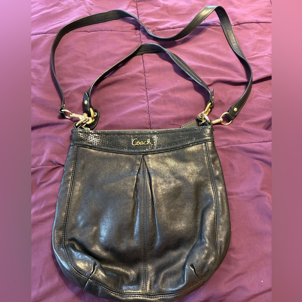Coach Black Leather Shoulder Bag with Gold Accents